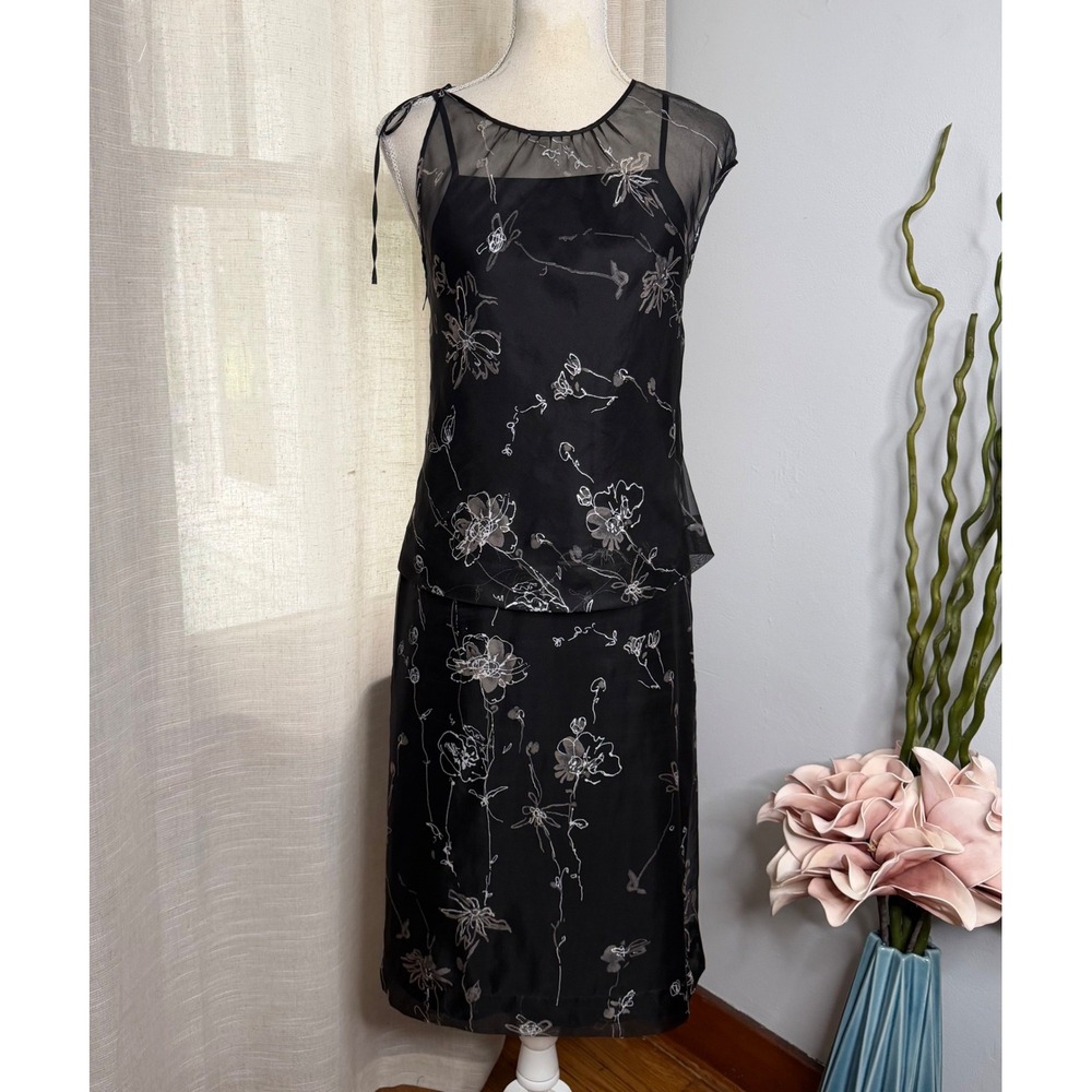 Vintage Y2K BCBG Max Azria Silk Floral Sheer Overlay Top Skirt Set Black Size 4